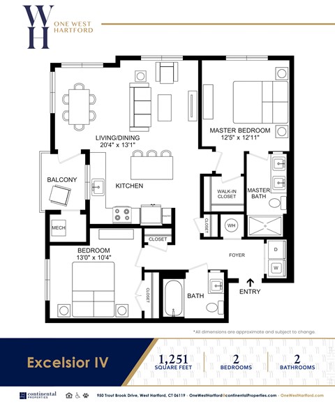 Floor plan for 2 beds, 2 baths, 1251 sqft